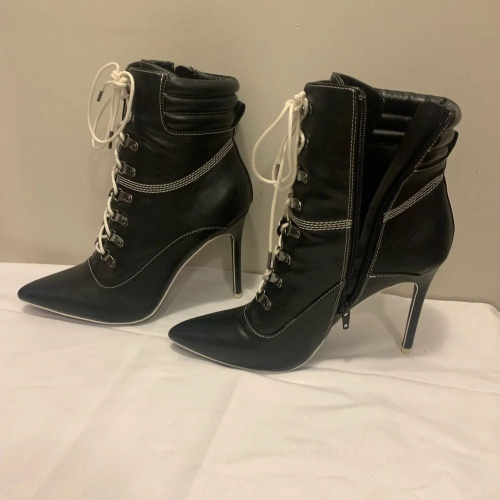 Black Lace-Up Stiletto Ankle Boots - Picture 2 of 4